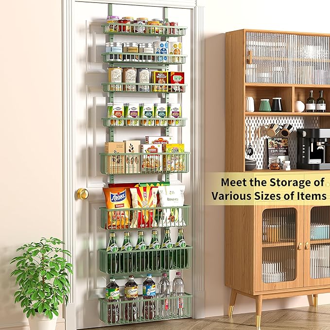 Moforoco Sage Green Over The Door Pantry Organizer, Pantry Door Organizer Shelves, Kitchen Organizers and Storage, Hanging Basket Wall Spice Rack Seasoning Shelves