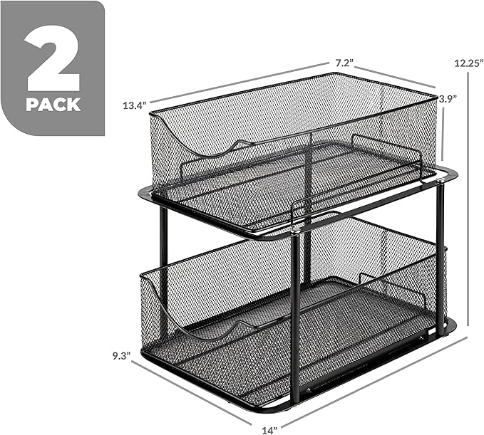 Sorbus 2 Sets of 2 Tier Metal Under Sink Organizer for Bathroom, Kitchen, Strong Steel Mesh Sliding Drawers for Under Sink, Under Cabinet, Closet, Kitchen, Pantry, Bathroom Organizers and Storage