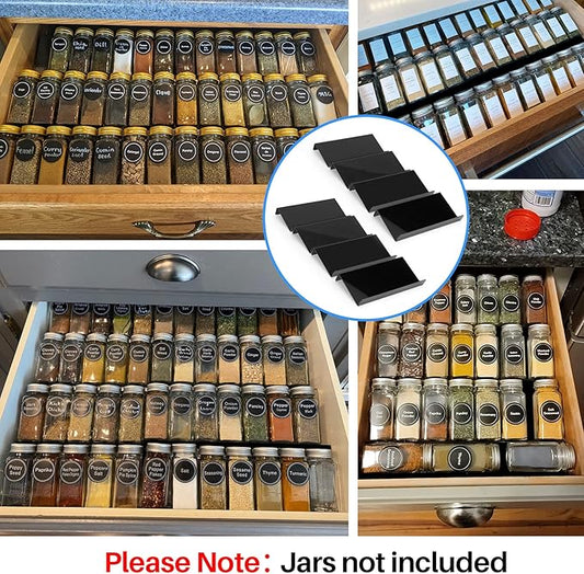 MIUKAA Black Spice Drawer Organizer, 4 Tier- 8 Pack Acrylic Drawer Seasoning Organizer, Expandable From 9'' to 18''Kitchen Spice Rack Tray for Drawer/Countertop (Jars not included)