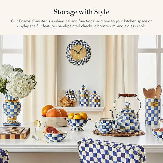 MACKENZIE-CHILDS Large Enamel Canister, Kitchen Storage Container for Flour and Sugar, 1.89 Liters, Blue-and-White Royal Check