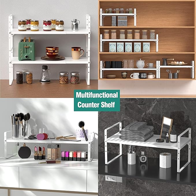 Expandable Cabinet Shelf Organizer Rack, Stackable Kitchen Counter Storage Shelves Stand, Adjustable Height Pantry Shelf Spice Rack, Heavy Duty Nonslip White Small 2Pack