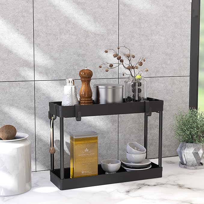Simple Houseware 2-Tier Under Sink Organizer Storage Tray with Hooks, Black