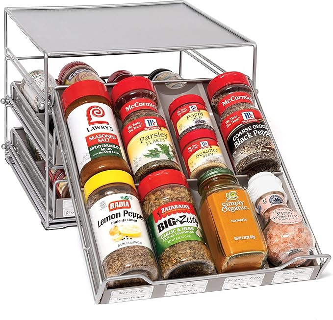 Lipper International 8724 Three-Tier Tilt-Down Kitchen and Cooking Spice Drawer Rack with 96 Labels, Silver, 24 Bottle Capacity