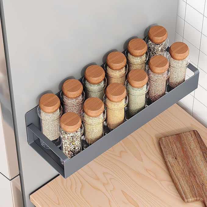 4 Pack Moveable Fridge Magnetic Spice Racks,Metal Grey