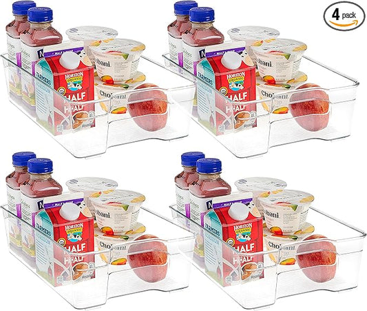 SIMPLEMADE Clear Refrigerator Organizer Bins - Clear Bins for Fridge, Containers for Fridge and Freezer, Multipurpose Storage for Kitchen, Office, Bathroom, Pack of 4 (8" x 12")