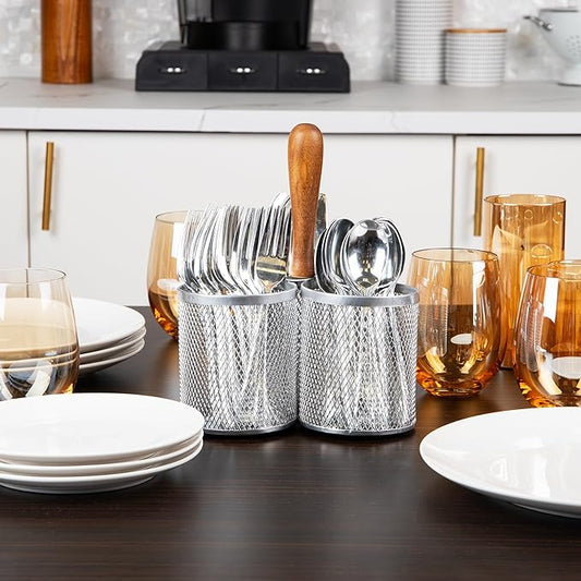 Mind Reader Utensil Holder, Silverware Organizer, Caddy, Cutlery Holder, Kitchen, Metal Mesh, 7.5" L x 7.5" W x 9.75" H, Silver