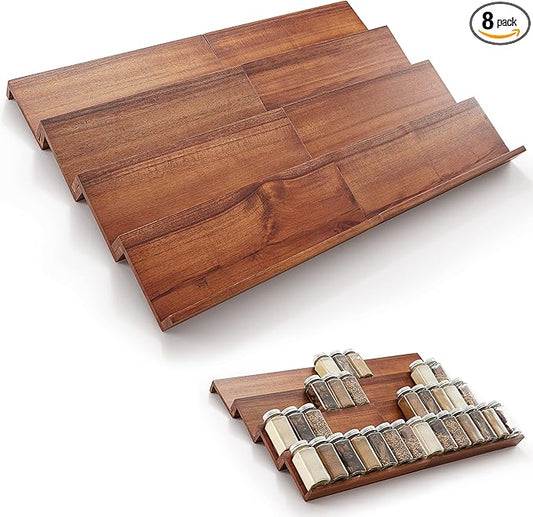 Tinamo Wood Spice Drawer Organizer - Acacia Wooden Tray Spice Racks Organizer for Cabinet Storage Shelf - 4 Tier Spice Rack Organizer for Drawer 64 Jars (Pack 8)