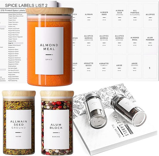 400 Minimalist Spice Labels, Preprinted Stickers Booklet, Black Text on White Waterproof Matte Backing, Herb Seasoning Spice Jars Rack Organization System