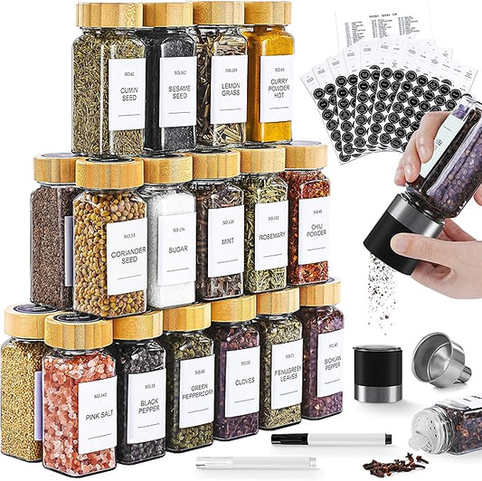 Spice Jars, 24 Pcs 4oz Seasoning Jars with Label, Glass Jars with Bamboo Lids, Spice Containers Bottles with Pepper Grinder & Stainless Steel Funnel for Seasoning Organizer, Cabinet, Drawer