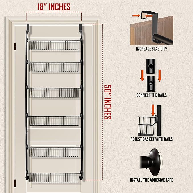 Over the Door Pantry Organizer Storage with 6 Easy to Install Spice Rack Shelves for Pantry Kitchen Bathroom and Cabinet Door