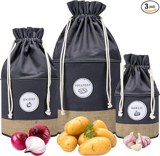 MERAKI HOME Potato Onion Garlic Storage Containers - Farmhouse Kitchen Storage Organization Pots - Sustainable Jute Cotton Vegetable Baskets Bins - Drawstring Holder