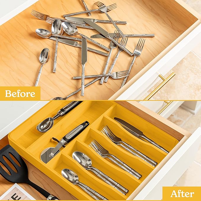 SMIRLY Silverware Drawer Organizer – Bamboo Kitchen Drawer Organizer, Adjustable Utensil Holder and Cutlery Tray, Drawer Dividers for Flatware and Kitchen Utensils