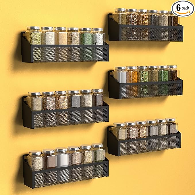 Moforoco 6 Spice Rack Over Door Pantry Organizer for Cabinet Door Wall Mount, Hanging Black Spice Pantry Organization Storage Shelf, Farmhouse Kitchen Seasoning Organizer Cabinet Door