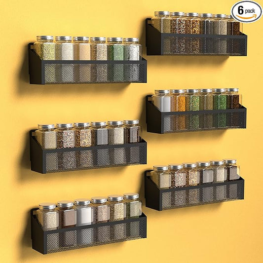 Moforoco 6 Spice Rack Over Door Pantry Organizer for Cabinet Door Wall Mount, Hanging Black Spice Pantry Organization Storage Shelf, Farmhouse Kitchen Seasoning Organizer Cabinet Door