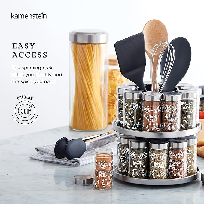 Kamenstein 20 Jar Revolving Spice Rack with Integrated Tool Caddy, Brushed Stainless Steel with Stainless Steel Caps