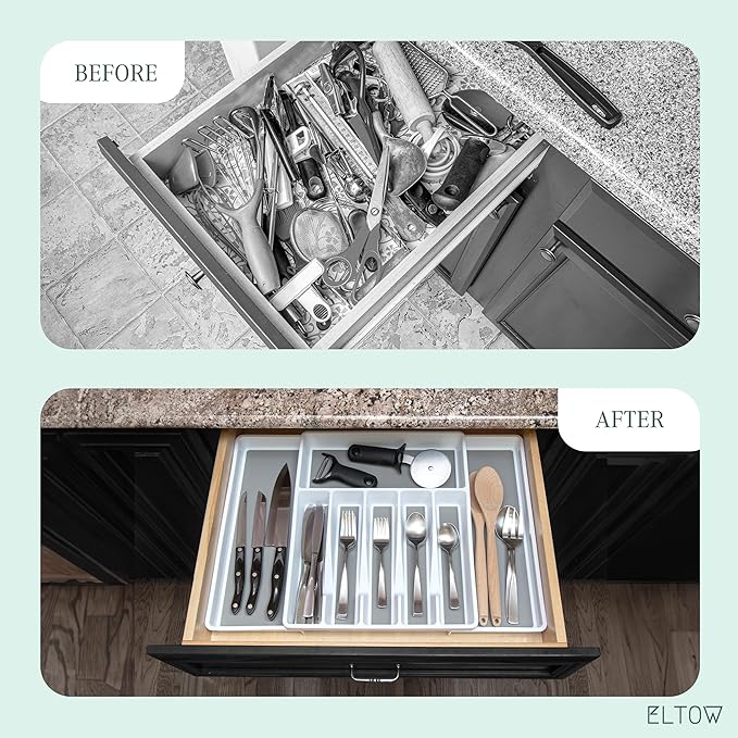 ELTOW Large Expandable Silverware Drawer Organizer, 8 Compartment Non-Slip & Adjustable Silverware Organizer for Drawer, Kitchen Organization for Utensils, Cutlery, Silverware Tray (White)