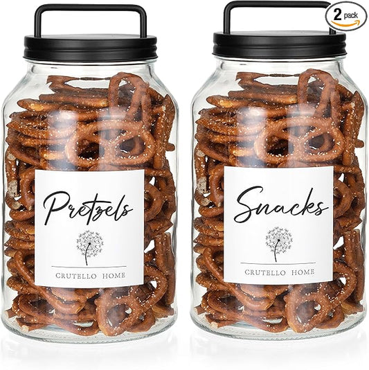 Crutello Large 1-Gallon Glass Canisters Set - 2 Pack, Black Stainless Steel Airtight Lids & Labels - Cookie Jar, Glass Jar for Laundry Room, Food Storage Containers, Kitchen Canister