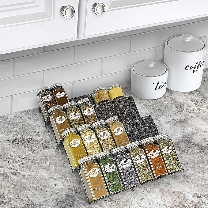 LYNK PROFESSIONAL® Spice Drawer Organizer - Heavy Gauge Steel 4 Tier Rack - Drawer Insert Tray for Spice Jars, Herbs and Seasoning - Kitchen Cabinet Storage - Silver Metallic, Medium