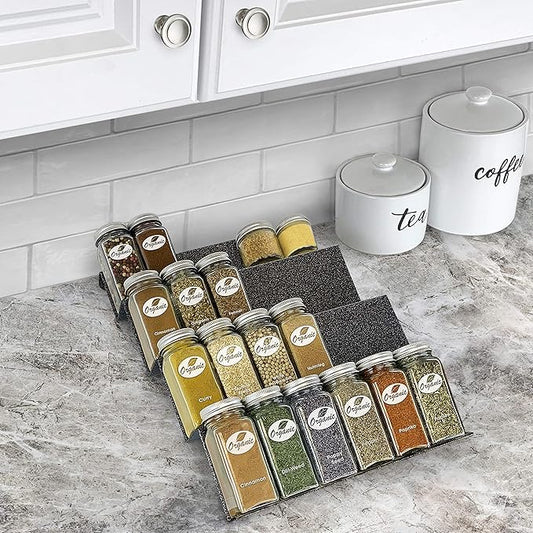 LYNK PROFESSIONAL® Spice Drawer Organizer - Heavy Gauge Steel 4 Tier Rack - Drawer Insert Tray for Spice Jars, Herbs and Seasoning - Kitchen Cabinet Storage - Silver Metallic, Medium