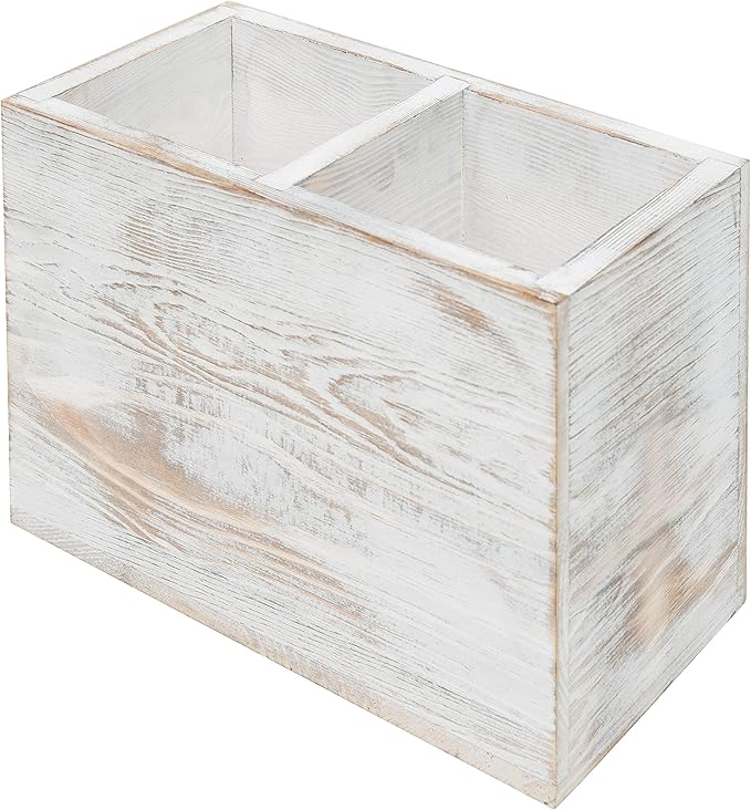 MyGift Whitewashed Wood Kitchen Utensil Holder Organizer, Countertop Flatware Silverware Cooking Utensil Crock Storage Caddy with 2 Compartments