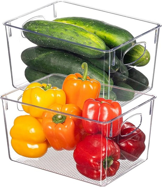 Clear Refrigerator Organizer Bins - Plastic Fridge Organizers - Storage Containers for Organizing Pantry, Cupboard, Cabinet, Freezer, Food, Fruit, Kitchen, Bathroom - Refrigerator Storage Bin set of 2