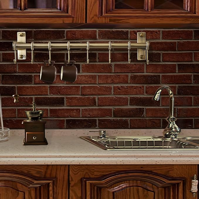 DSEAP Pot Rack - Pots and Pans Hanging Rack with 8 Hooks, Double Bars, Wall Mounted, Bronze