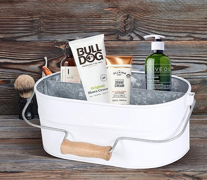 Light & Pro Farmhouse Rustic Silverware Utensil Carry All Caddy - Galvanized Organizer Caddy With Dividers, Wooden Handle Storage Bin For Flatware, Condiments, Party Cutlery - White