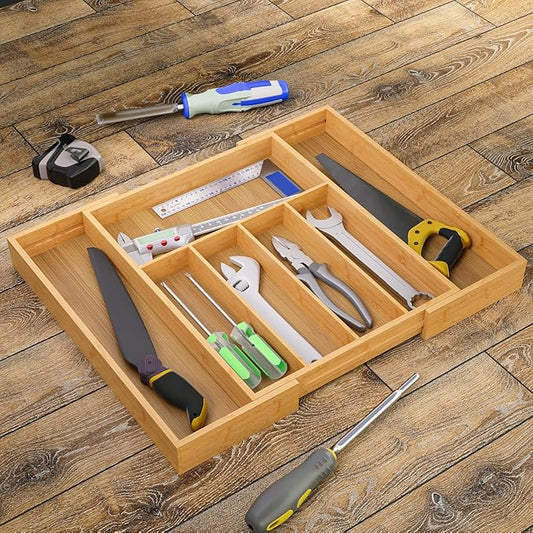 Expandable Kitchen Drawer Organizer,Bamboo Silverware Organizer for Utensils,Adjustable Flatware Tray(16.92 * 13.30~22.83 * 1.96)