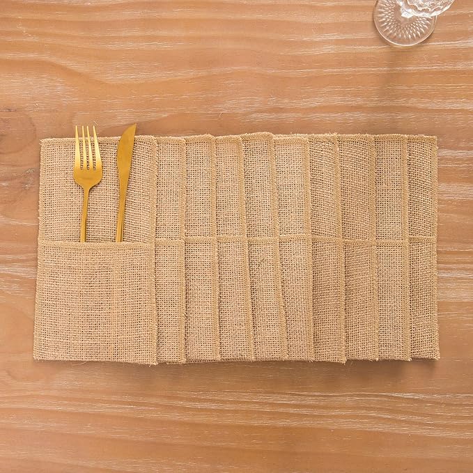 AOKQYA 10PCS Burlap Utensil Holder Pouch Rustic Jute Silverware Organizer for for Weddings, Picnics & Kitchen Reusable Cutlery Caddy with Pockets(Natural)