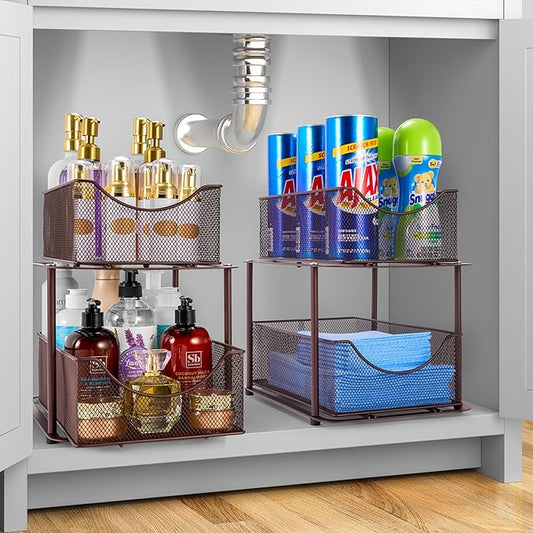 Sorbus 2 Tier Metal Under Sink Organizer for Bathroom, Kitchen, Strong Steel Mesh Sliding Drawers for Under Sink, Under Cabinet, Closet, Kitchen, Pantry, Bathroom Organizers and Storage (Brown)