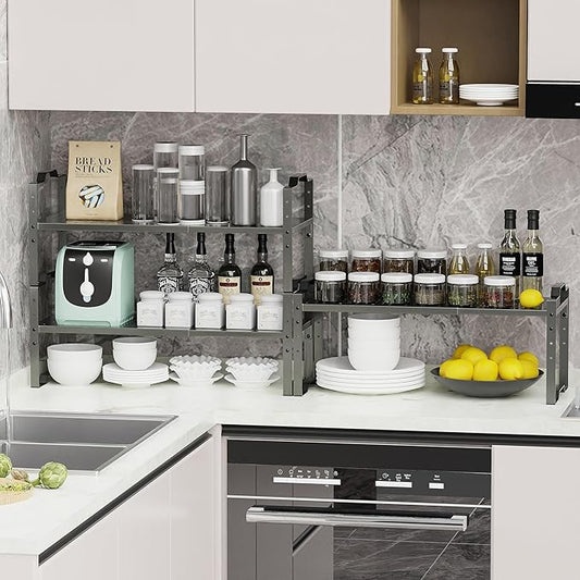 Expandable Shelf for Cabinet Organizer Adjustable Stackable Spice Rack at Kitchen and Bathroom More, Counter Countertop Cupboard Organization Pantry Storage (1 Pack/Gun-Grey, Medium)