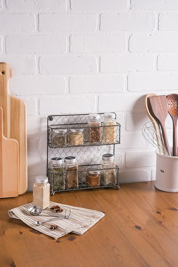 DII Farmhouse Vintage Decorative Metal Pantry Spice Rack Organizer, 9.45Lx2.3Wx10H, 2 Tier Spice Rack - White 12 Piece