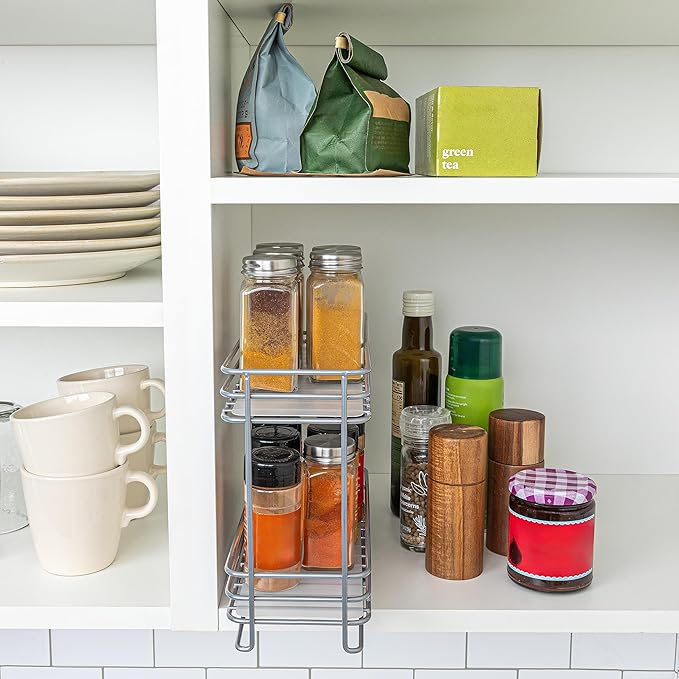 Household Essentials Glidez Powder-Coated Steel Pull-Out/Slide-Out Storage Organizer with Plastic Liners for Spice Rack Use - 2 -Tier Design - Fits Standard Size Cabinet or Shelf, Brushed Silver