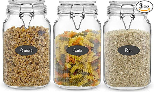 Airtight Glass Jars with Lids Set of 3. 50oz Glass Jar with Lid and 6 Silicone Seals! Med Glass Food Storage Containers. Square Mason Jar, Flour Jar, Candy or Cookie Jars for Kitchen Counter