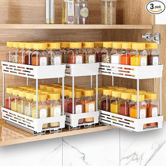 3 Packs Pull Out Spice Rack Organizer for Cabinet, Slide Out Spice Racks Organizer, Easy to Install Spice Cabinet Organizers, 4.33''Wx10.4''Dx8.5''H, Each Tier Hold 10 Spice Jars - 2 Tier, White