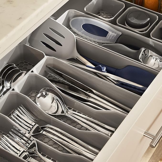 Spectrum Hexa 6-Divider Expandable Silverware Tray (Stone Gray) - in-Drawer Organizer for Kitchen Accessories, Cutlery, Knives, & More/Easy-to-Clean Home & Apartment Essential