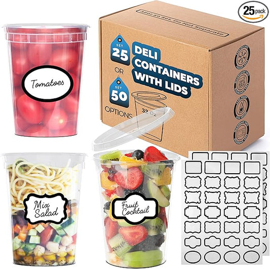 [25Sets] 32oz Deli Containers with Lids & One (1) Label Sheet - Leakproof BPA Free Plastic Deli Containers with Lids 32 oz - Freezer and Dishwasher Safe