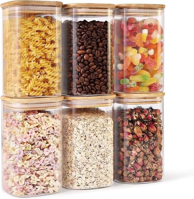 Glass Food Storage Jars 6-Pack 37oz - 4x6 in-Clear Glass Food Canisters with Bamboo Lid Airtight For Serving Tea, Coffee, Flour, Sugar, Candy, Cookie, Spice and More shutiao