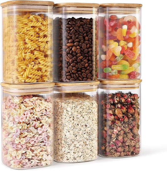 Glass Food Storage Jars 6-Pack 37oz - 4x6 in-Clear Glass Food Canisters with Bamboo Lid Airtight For Serving Tea, Coffee, Flour, Sugar, Candy, Cookie, Spice and More shutiao