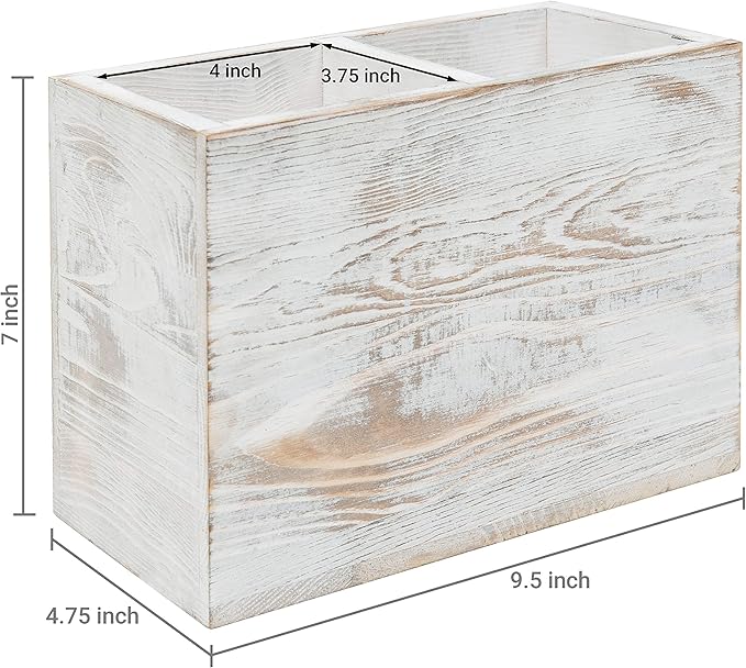 MyGift Whitewashed Wood Kitchen Utensil Holder Organizer, Countertop Flatware Silverware Cooking Utensil Crock Storage Caddy with 2 Compartments