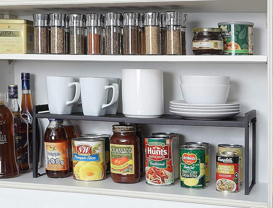 SunnyPoint Expandable Cabinet Storage Rack - Tabletop Storage Spice Shelf Organizer Rack (M - 15.1"~25.78" W X 7.87" D X 8.46" H, BLACK)