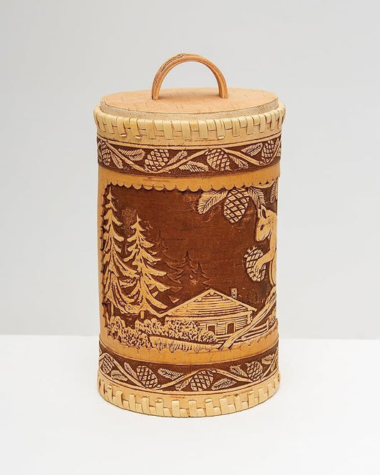 Wooden Kitchen Jar, Birch Bark Canister, Farmhouse Style Wood Container, Tall Round Storage Box Squirrel, D 4,7"(12cm), H 7,9"(20cm)
