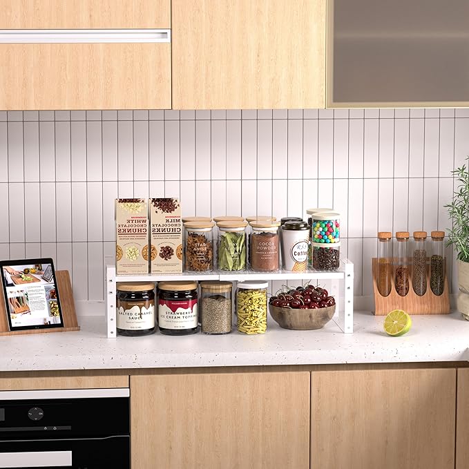 Expandable Stackable Aadjustable Spice Rack Pantry Shelf for Kitchen Cabinets Counter Shelves Countertop Cupboard Storage Solution,Sturdy Heavy-Duty Metal Construction(2Packs/White/Medium)
