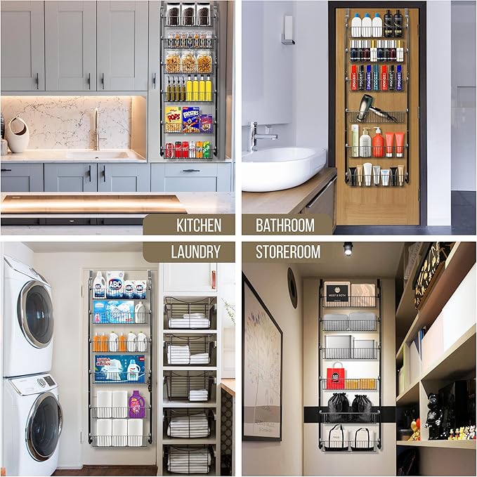 Over the Door Pantry Organizer Storage with 6 Easy to Install Spice Rack Shelves for Pantry Kitchen Bathroom and Cabinet Door