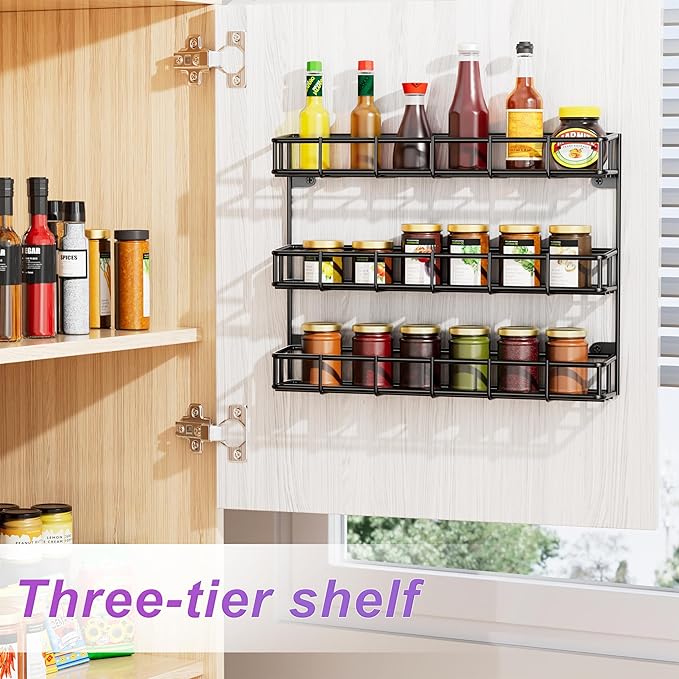 SUFAUY 2pcs Wall Spice Rack for Kitchen, 3 Tier Pantry Door Spice Rack Organizer Wall Mount, Black
