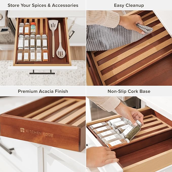 Spice Drawer Organizer with Expandable Storage. Holds up to 15 Spice Jars (Not Included), Non-Slip Feet, Kitchen Accessory Storage, 100% Sustainable Bamboo Wood (Natural Acacia)