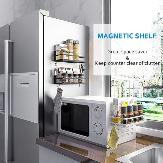 Magnetic Spice Rack with 4 Removable Hooks, Strong Magnet Spice Shelf for Spices, Cooking Oils, Salt, Pepper, Works Perfectly on the Side of Refrigerator for Small Kitchen/Apartment (White)