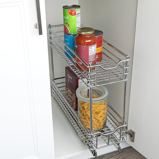 Household Essentials Narrow Sliding Cabinet Organizer, Two Tier Chrome Organizer, Chrome, Great for Slim Cabinets in Kitchen, Bathroom and More