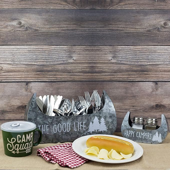 Boston Warehouse 55169 Canoe Shaped Galvanized Metal Flatware Caddy, 14 Inch, The Good Life