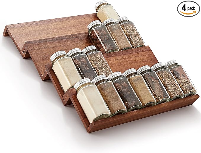 Tinamo Wood Spice Drawer Organizer - Acacia Wooden Tray Spice Racks Organizer for Cabinet Storage Shelf - 4 Tier Spice Rack for Drawer 32 Jars (Pack 4)